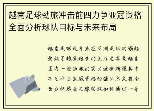 越南足球劲旅冲击前四力争亚冠资格全面分析球队目标与未来布局