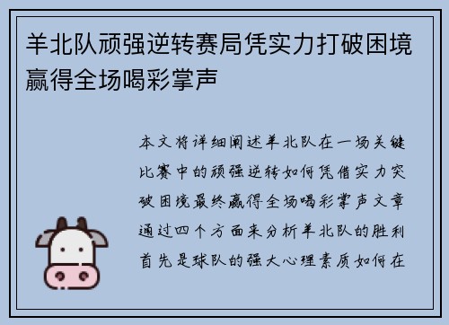 羊北队顽强逆转赛局凭实力打破困境赢得全场喝彩掌声