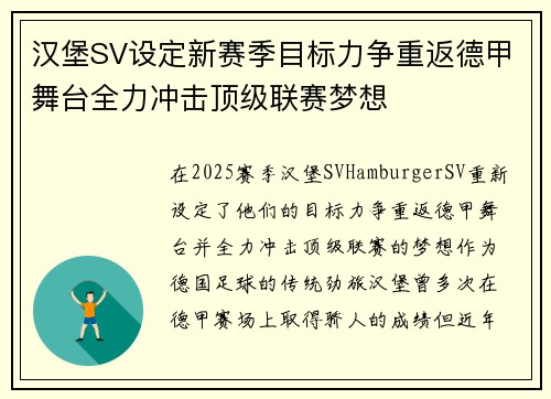 汉堡SV设定新赛季目标力争重返德甲舞台全力冲击顶级联赛梦想