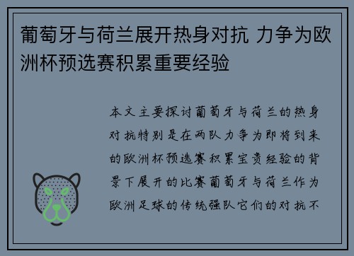 葡萄牙与荷兰展开热身对抗 力争为欧洲杯预选赛积累重要经验