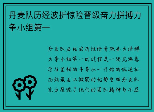 丹麦队历经波折惊险晋级奋力拼搏力争小组第一