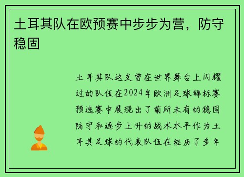 土耳其队在欧预赛中步步为营，防守稳固
