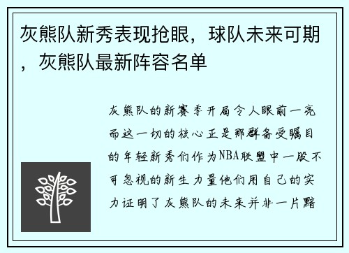灰熊队新秀表现抢眼，球队未来可期，灰熊队最新阵容名单