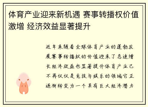 体育产业迎来新机遇 赛事转播权价值激增 经济效益显著提升