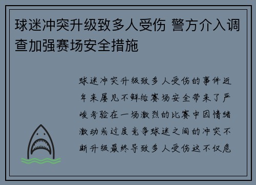 球迷冲突升级致多人受伤 警方介入调查加强赛场安全措施